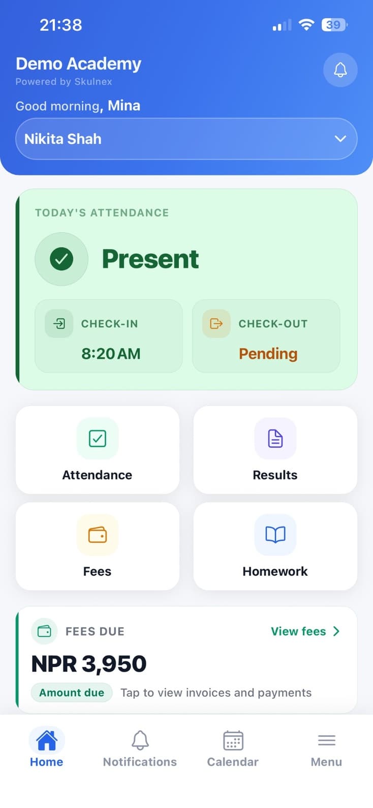 Skulnex Guardian app showing attendance, announcements, fees, and student updates for parents